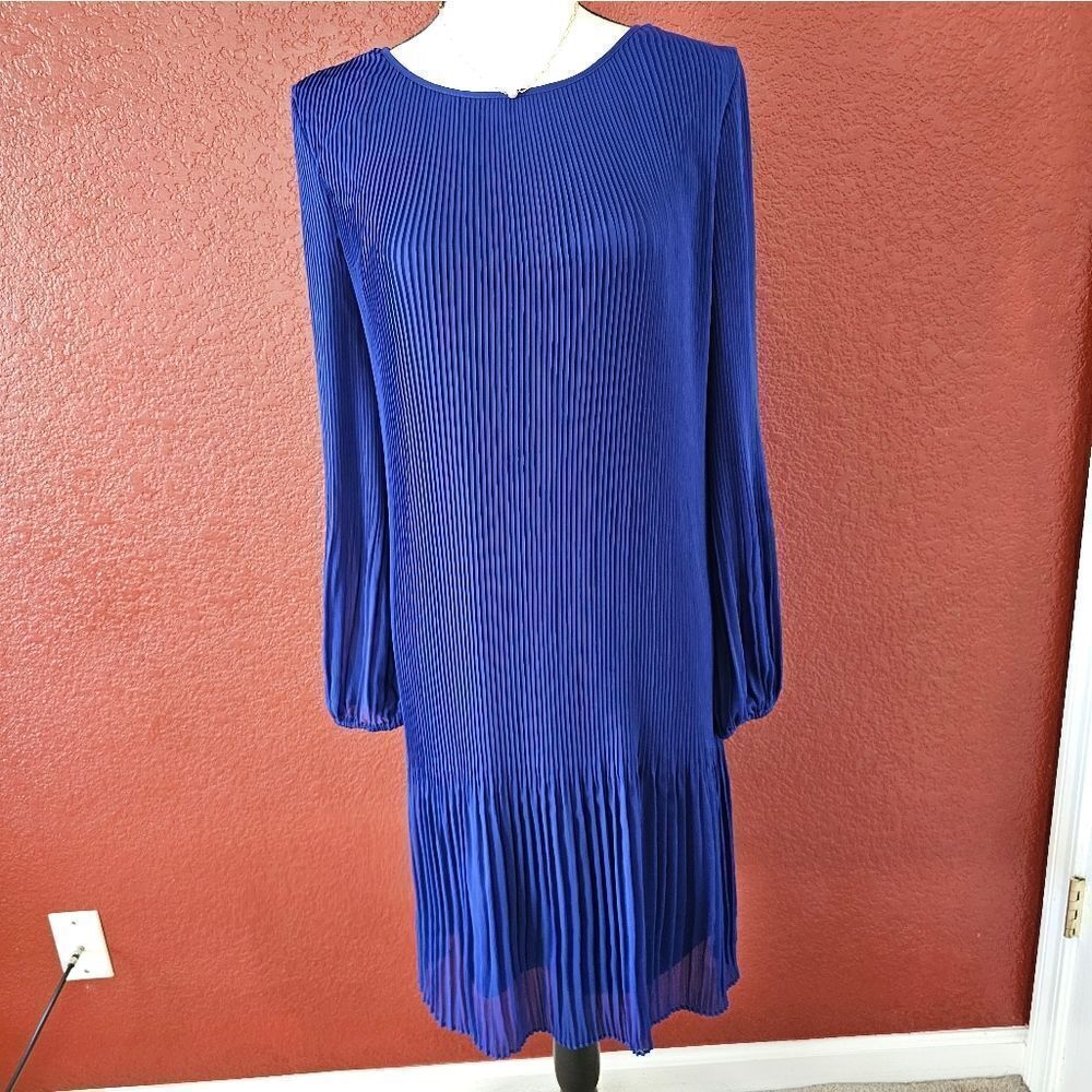 Dkny Blue Sheath Dress with Long Bishop Sleeves for Wedding Guest
